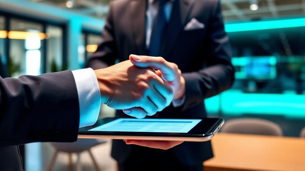 Two people reviewing a digital agreement on a laptop
