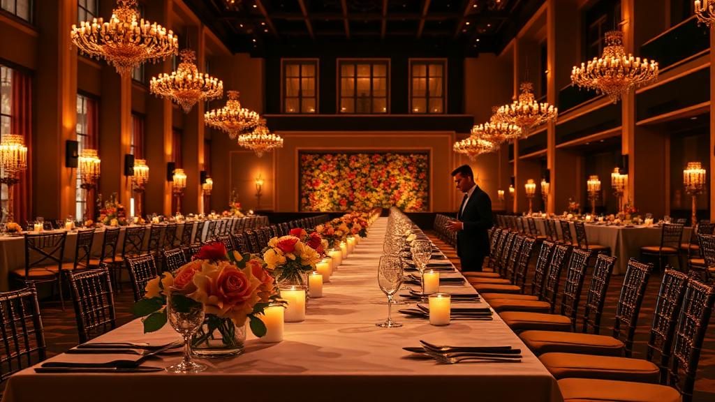A well-lit event space set up before guests arrive